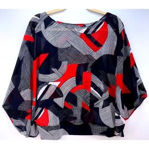 Alfani Sheer Art Deco Abstract Dolman Sleeve Blouson Top Sz M Art Built in Tank